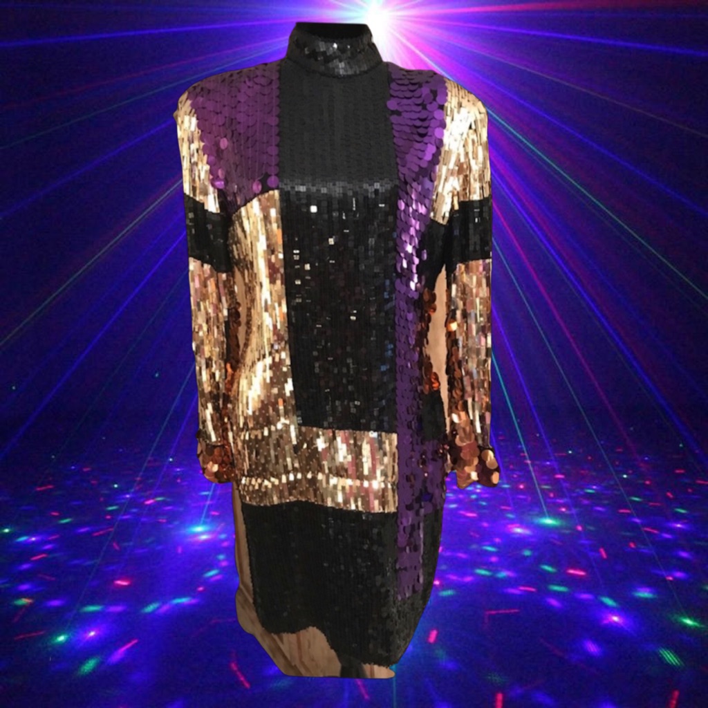 Stunning Party Dress - Purple, Black & Gold Paillettes In Color Block Form.